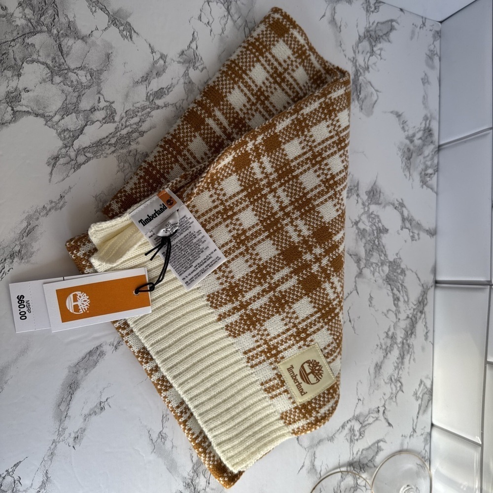 New Timberland Scarf Wheat Buffalo Brown and White Plaid One Size NWT